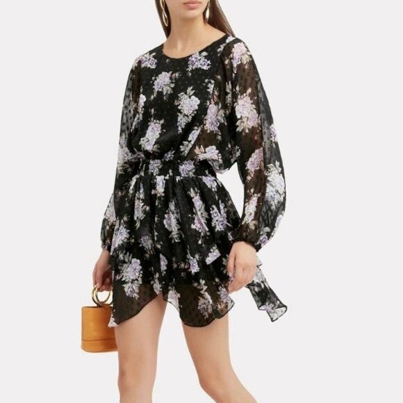 LoveShackFancy Kaia Mini Dress Black Purple Floral Silk Blend Women’s S - Picture 1 of 9